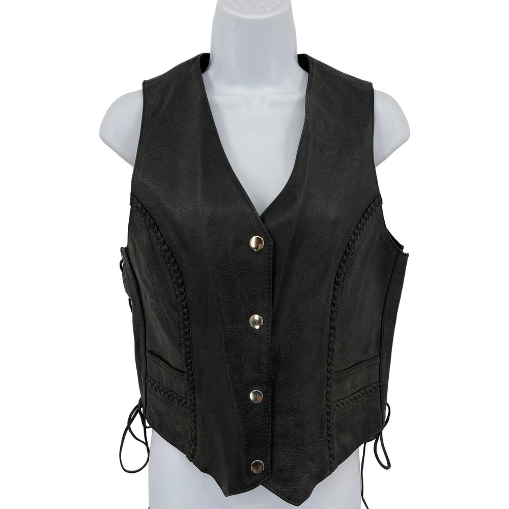 First Classics Vest Womens Small Genuine Leather Lace Up Moto Snap Biker Black